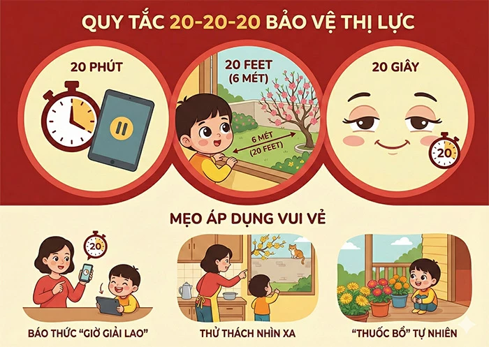 Hướng dẫn áp dụng Quy tắc 20-20-20 để bảo vệ thị lực cho bé