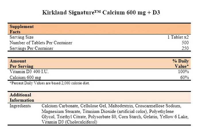 Thành phần viên uống Canxi Kirkland Calcium 600mg + D3