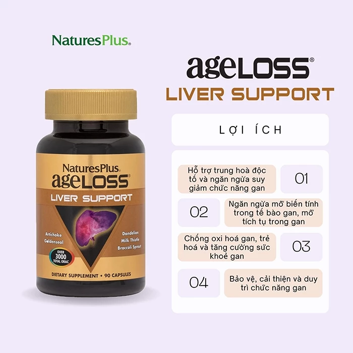 Nature's Plus Ageloss Liver Support hỗ trợ bảo vệ gan, tăng cường chức năng gan.