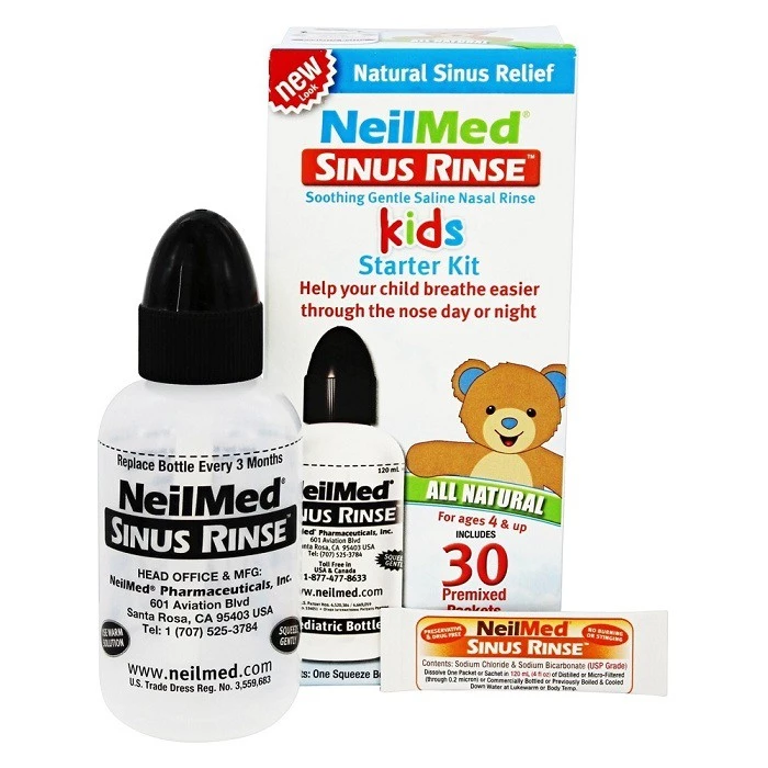 NeilMed Sinus Rinse Kids - bộ dụng cụ gồm 1 bình và 30 gói hỗn hợp muối.