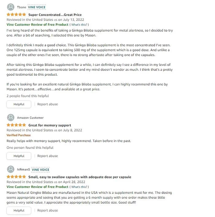 Review của khách hàng về Mason Natural Ginkgo Biloba trên trang thương mại điện tử Amazon.
