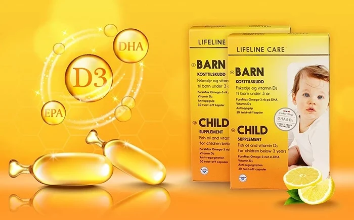 Dầu cá kim cương Lifeline Care Barn bổ sung DHA, EPA và Vitamin D cho trẻ sơ sinh và trẻ nhỏ.