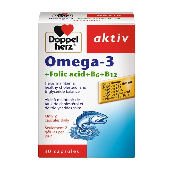 Doppelherz aktiv Omega-3 + Folic Acid viên uống bổ sung acid folic cho bà bầu của Đức.