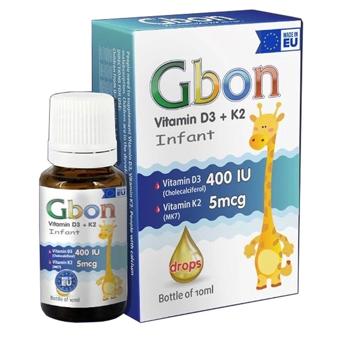 Gbon Vitamin D3 K2 Infant cho xương chắc khỏe, bé phát triển chiều cao vượt trội.