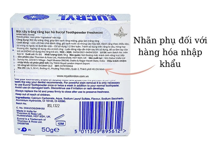 Bột tẩy trắng răng Eucryl nhập khẩu chính hãng có nhãn phụ tiếng Việt kèm theo.