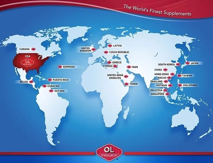 Bản đồ sản phẩm của Olympian Labs xuất khẩu ra các quốc gia khác nhau trên thế giới.
