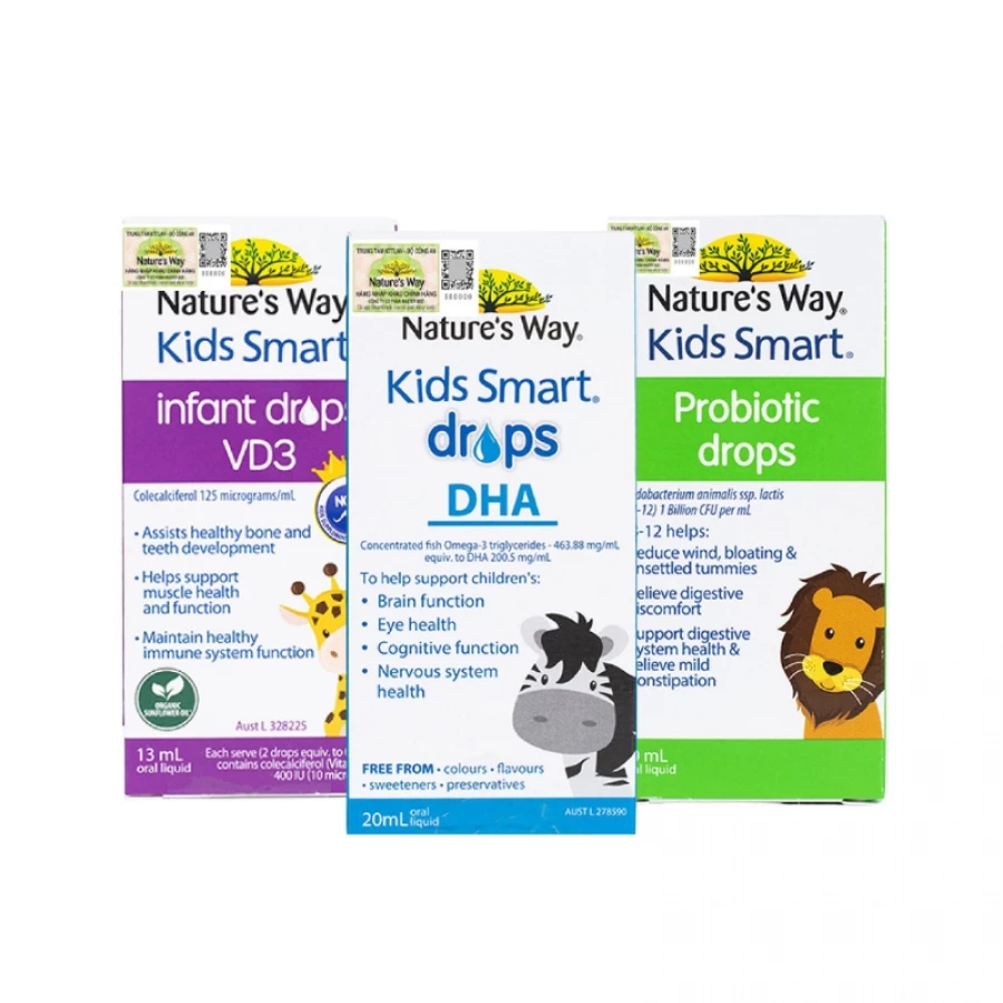 Bộ 3 Nature's Way Kids Smart Drops - Bổ sung DHA, vitamin D3, Probiotic cho trẻ sơ sinh
