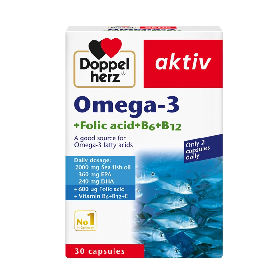 Doppelherz Omega-3 + Folic acid + B6 + B12 - Tăng cường sức khỏe tim mạch và não bộ