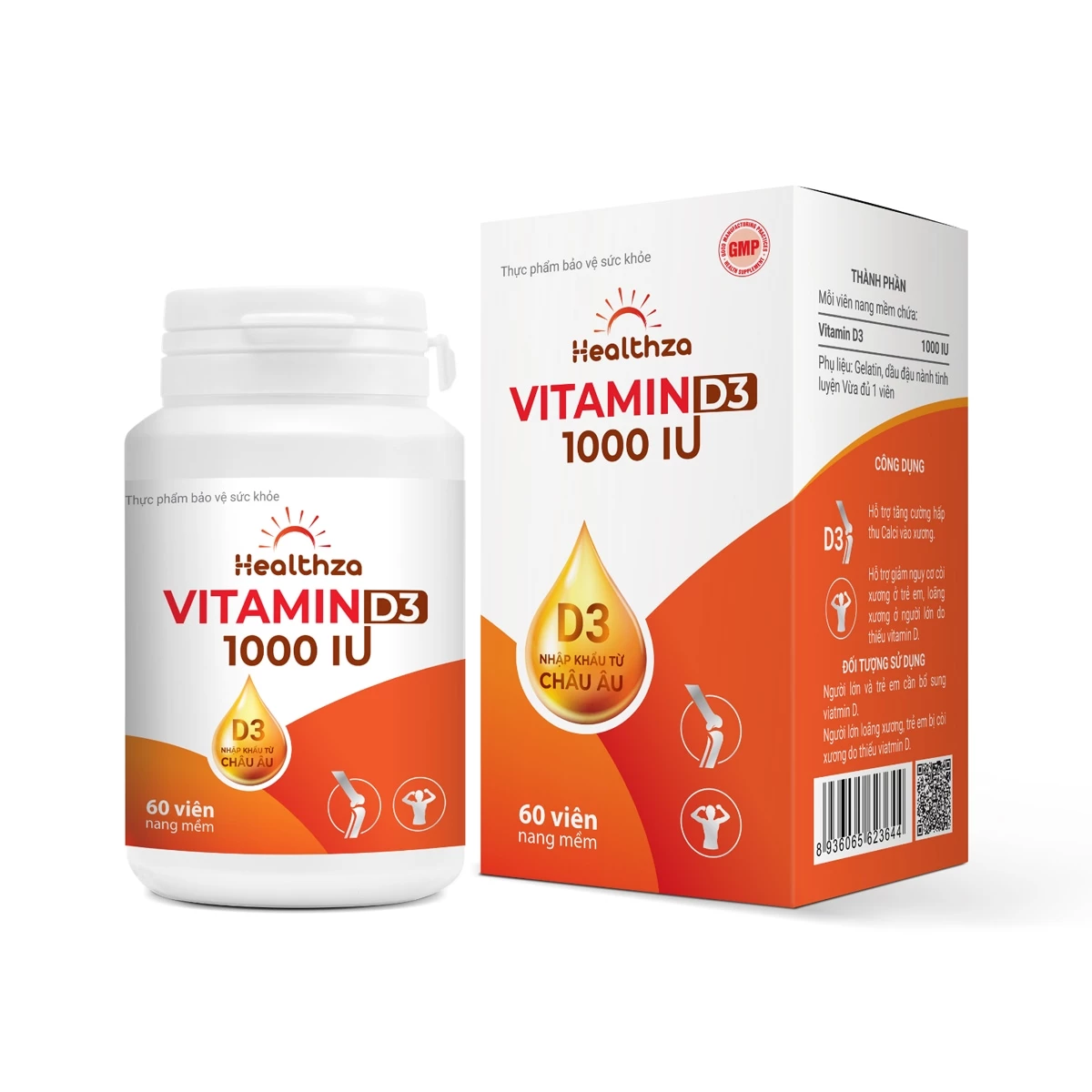 Healthza Vitamin D3 1000IU - Hỗ trợ tăng cường hấp thu calci giúp xương chắc khỏe