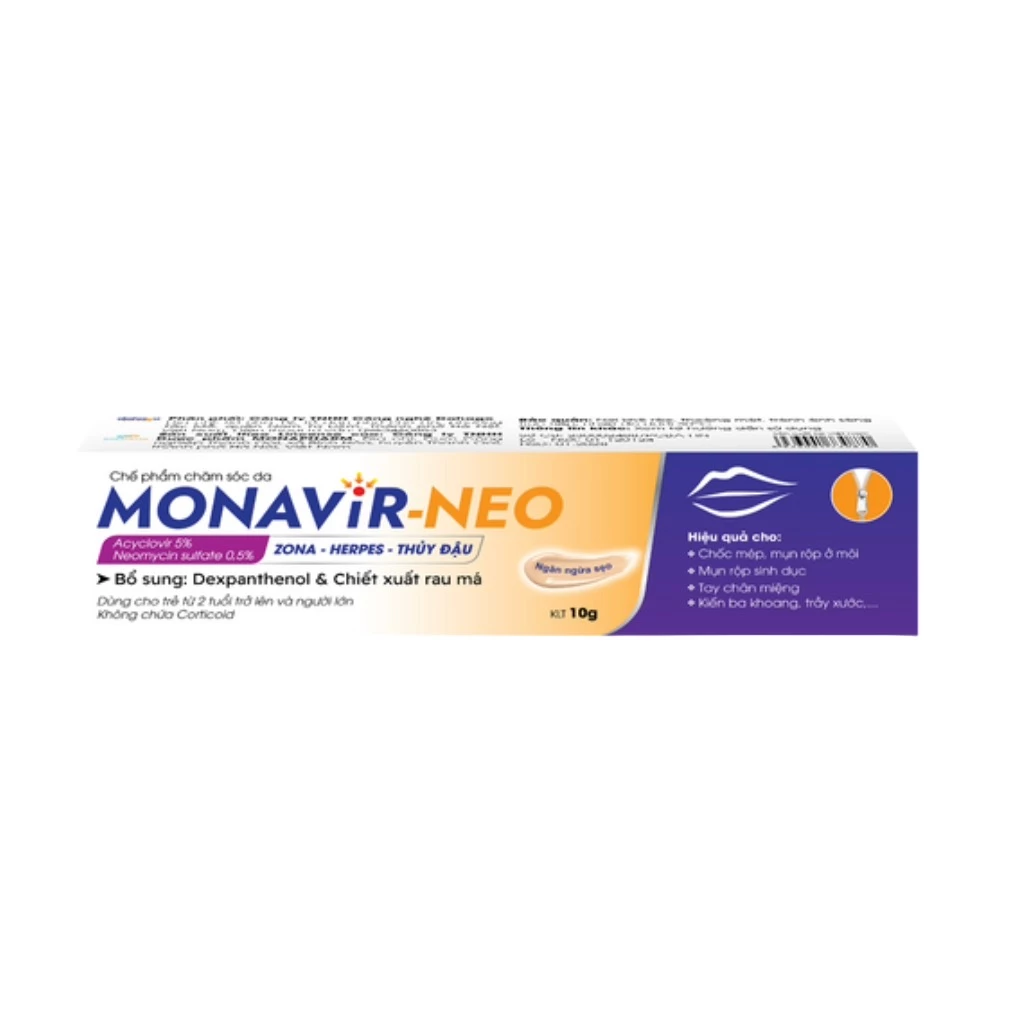 Kem bôi Monavir Neo - Hỗ trợ điều trị zona, herpes, thủy đậu, chốc mép, mụn rộp