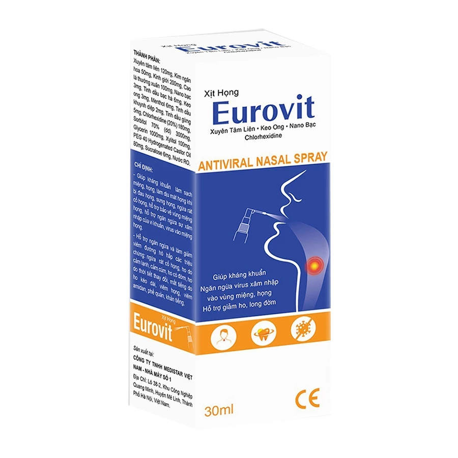 Xịt họng Eurovit - Hỗ trợ giảm ho, long đờm do viêm họng, viêm phế quản